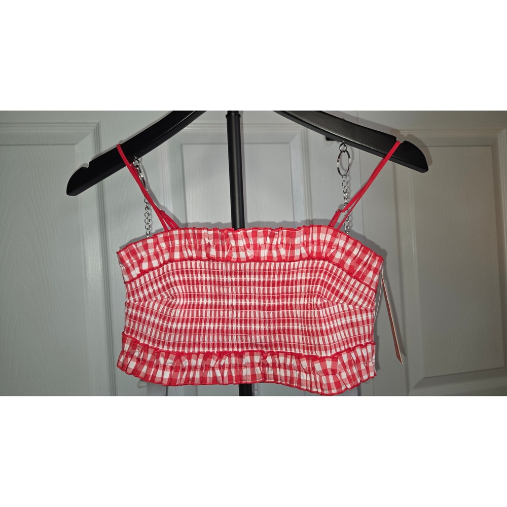 Colsie Womens Red White Gingham Smocked Ruffle Crop Top Adjustable‎ Straps Small
